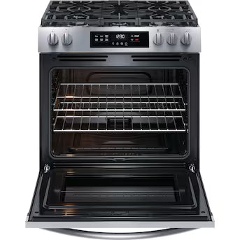 Frigidaire 30-in 5 burners 5.1-cu ft Slide-In Natural Gas Range ( Stainless steel ) Model# FCFG3062AS