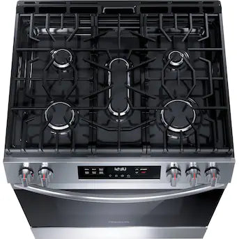 Frigidaire 30-in 5 burners 5.1-cu ft Slide-In Natural Gas Range ( Stainless steel ) Model# FCFG3062AS