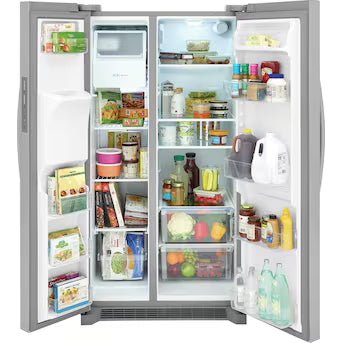 Coming Soon Frigidaire 25.6-cu ft Standard-Depth 36-in Wide Side-by-Side Refrigerator with Ice Maker ,Water and Ice Dispenser ( Stainless steel ) ENERGY STAR Certified Model# FRSS2623AS