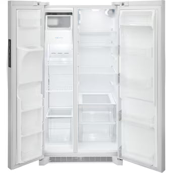 Coming Soon Frigidaire 25.6-cu ft Standard-Depth 36-in Wide Side-by-Side Refrigerator with Ice Maker ,Water and Ice Dispenser ( White ) ENERGY STAR Certified Model# FRSS2623AW