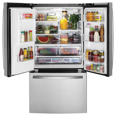 Coming Soon GE Standard-Depth 25.6-cu ft 3 -Door 36-in Wide French Door Refrigerator with Ice Make( Fingerprint-resistant Stainless Steel ) ENERGY STAR Certified Model# GFE26JYMFS