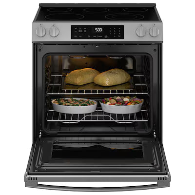Coming Soon GE Crisp Mode 30-in Glass Top 5 burners 5.3-cu ft Slide-In Electric Range ( Stainless Steel ) Model# GRS500PVSS