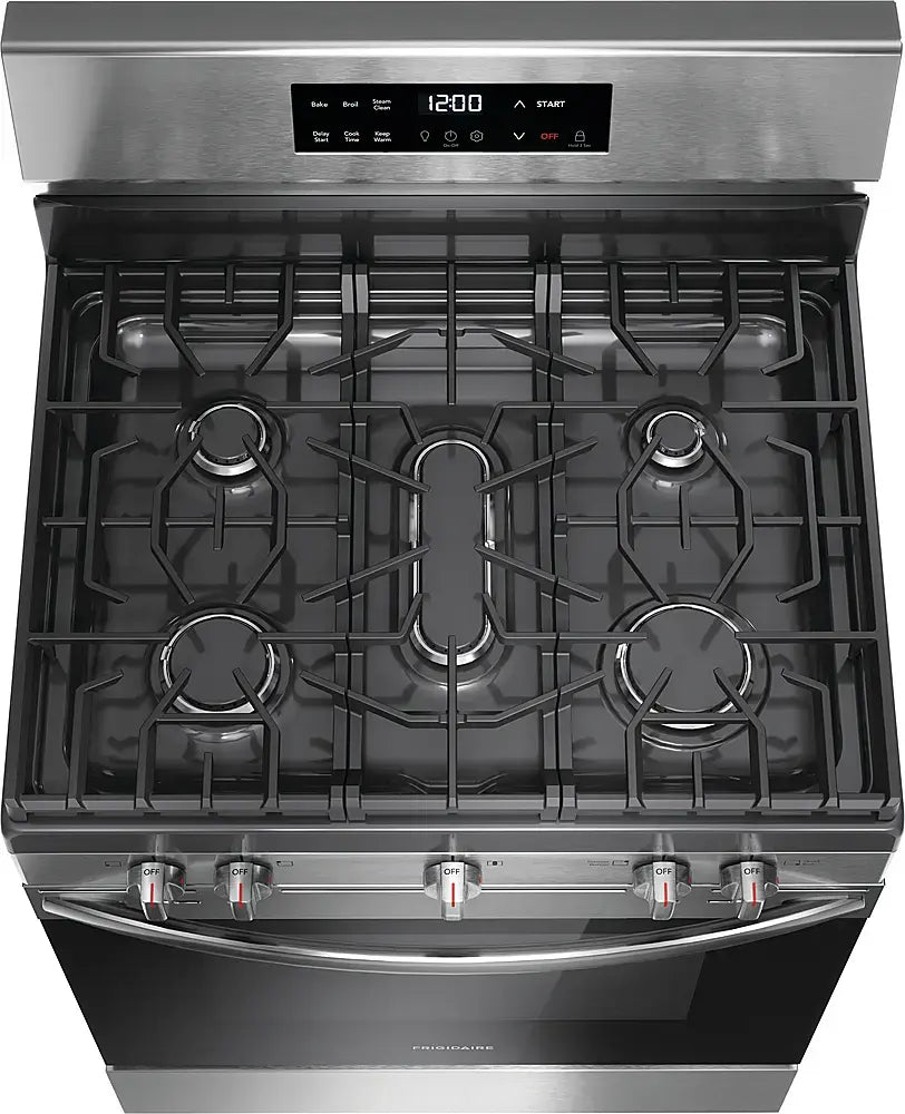 Frigidaire 30in 5 Burner Freestanding Gas Range in Stainless Steel with Quick Boil and Steam Clean Model# FCRG3062AS