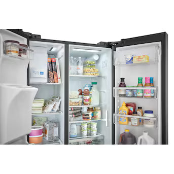 Frigidaire Gallery 22.3-cu ft Counter-Depth Side-by-Side Refrigerator with Ice Maker ,Water and Ice Dispenser ( Fingerprint Resistant Black Stainless Steel ) Model# GRSC2352AD