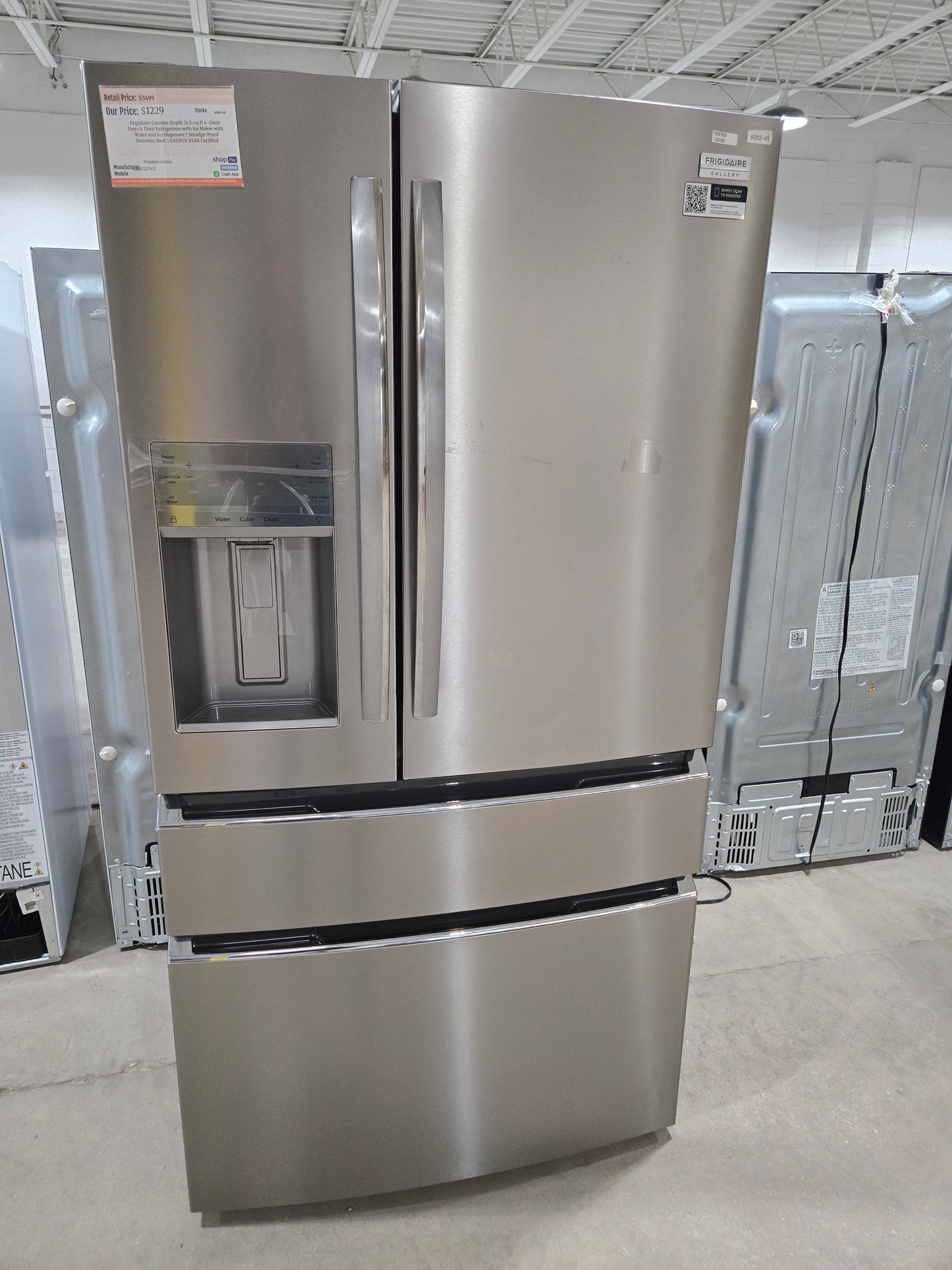 Frigidaire Counter-Depth 21.5-cu ft 4 -Door French Door Refrigerator with Ice Maker with Water and Ice Dispenser ( Smudge-Proof Stainless Steel ) ENERGY STAR Certified Model# GRMC2273CF