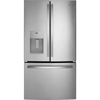 Coming Soon GE Standard-Depth 25.6-cu ft 3 -Door 36-in Wide French Door Refrigerator with Ice Make( Fingerprint-resistant Stainless Steel ) ENERGY STAR Certified Model# GFE26JYMFS