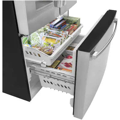 Coming Soon GE Standard-Depth 25.6-cu ft 3 -Door 36-in Wide French Door Refrigerator with Ice Make( Fingerprint-resistant Stainless Steel ) ENERGY STAR Certified Model# GFE26JYMFS