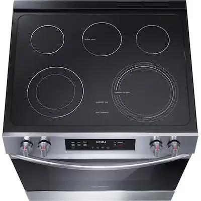Frigidaire 30-in Glass Top 5 burners 5.3-cu ft Slide-In Electric Range ( Stainless steel ) Model# FCFE3062AS by Smiths Appliance & Furniture