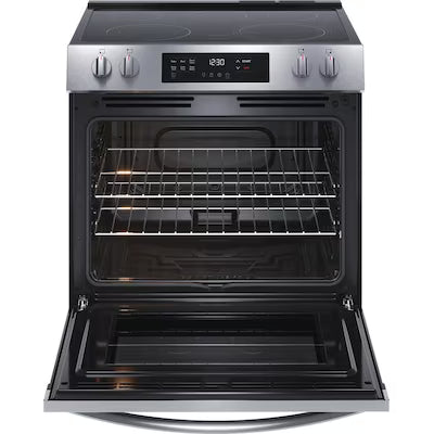 Frigidaire 30-in Glass Top 5 burners 5.3-cu ft Slide-In Electric Range ( Stainless steel ) Model# FCFE3062AS by Smiths Appliance & Furniture