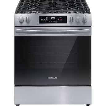 Frigidaire 30-in 5 burners 5.1-cu ft Slide-In Natural Gas Range ( Stainless steel ) Model# FCFG3062AS