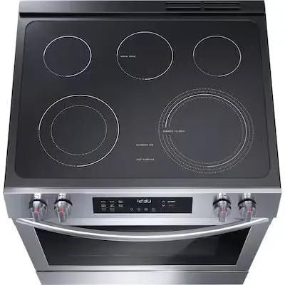 Frigidaire 30-in Glass Top 5 burners 5.3-cu ft Convection Oven Slide-In Electric Range ( Stainless steel ) Model# FCFE3083AS by Smiths Appliance & Furniture