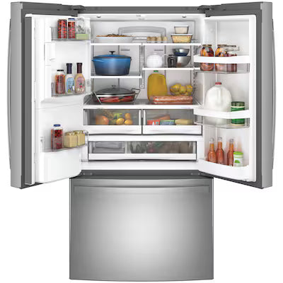 GE Standard-Depth 27.7-cu ft 3 -Door 36-in Wide French Door Refrigerator with Ice Maker ( Fingerprint-resistant Stainless Steel ) ENERGY STAR Certified Model# GFE28GYNFS A12-62 by Scratch-n-Dent Depot