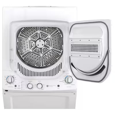 GE Gas Stacked Laundry Center with 2.3-cu ft Top load Washer and 4.4-cu ft Dryer White Model# GUD24GSSMWW by Scratch N Dent Depot