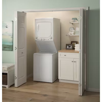 GE Gas Stacked Laundry Center with 2.3-cu ft Top load Washer and 4.4-cu ft Dryer White Model# GUD24GSSMWW by Scratch N Dent Depot