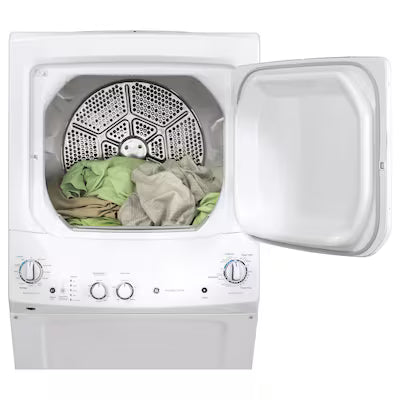 GE Gas Stacked Laundry Center with 3.8-cu ft Top load Washer and 5.9-cu ft Dryer White Model# GUD27GSSMWW by Scratch N Dent Depot