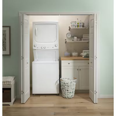 GE Gas Stacked Laundry Center with 3.8-cu ft Top load Washer and 5.9-cu ft Dryer White Model# GUD27GSSMWW by Scratch N Dent Depot