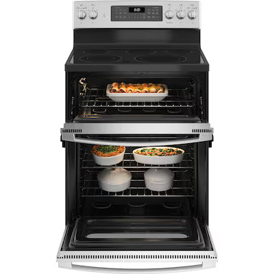 Coming Soon GE 30-in Glass Top 5 burners 4.4-cu ft / 2.2-cu ft Air Fry Convection Oven Freestanding Double Oven Electric Range ( Stainless Steel ) Model# JBS86SPSS