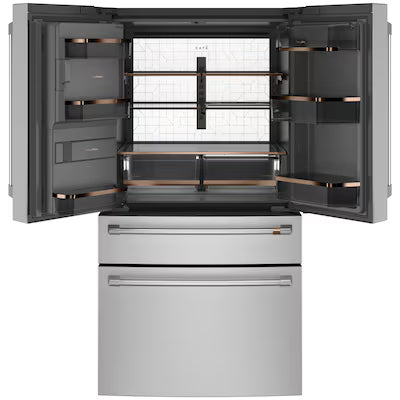 Coming Soon Cafe Counter-Depth 22.3-cu ft 4 -Door 36-in Wide Smart Compatible French Door Refrigerator with Ice Maker ( Stainless Steel with Brushed Stainless Handles ) ENERGY STAR Certified Model# CXE22DP2PS1
