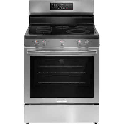 Frigidaire Gallery 30-in Glass Top 5 burners 5.3-cu ft Air Fry Convection Oven Freestanding Electric Range ( Fingerprint Resistant Stainless Steel ) Model# GCRE3060BF by Scratch N Dent Depot