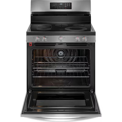 Frigidaire Gallery 30-in Glass Top 5 burners 5.3-cu ft Air Fry Convection Oven Freestanding Electric Range ( Fingerprint Resistant Stainless Steel ) Model# GCRE3060BF by Scratch N Dent Depot