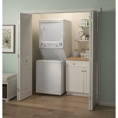 Coming Soon GE Electric Stacked Laundry Center with 3.9-cu ft Top load Washer and 5.9-cu ft Dryer ( White ) Model# GUD27EESNWW