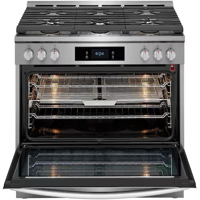Frigidaire Gallery 36-in Standard 6 burners Air Fry Convection Oven Slide-In Dual Fuel Range ( Fingerprint Resistant Stainless Steel ) Model# GCFD3661AF