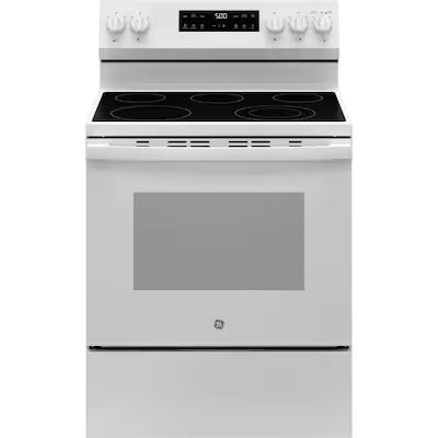 Coming Soon GE Crisp Mode 30-in Glass Top 5 burners 5.3-cu ft Freestanding Electric Range ( White ) Model# GRF500PVWW