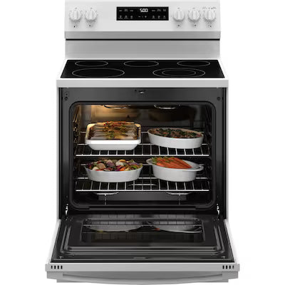 Coming Soon GE Crisp Mode 30-in Glass Top 5 burners 5.3-cu ft Freestanding Electric Range ( White ) Model# GRF500PVWW