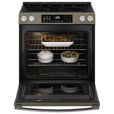 Coming Soon GE EasyWash Oven Tray 30-in Glass Top 5 burners 5.3-cu ft Air Fry Convection Oven Slide-In Electric Range ( Slate Model# GRS600AVES