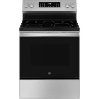 GE EasyWash Oven Tray 30-in Glass Top 5 burners 5.3-cu ft Air Fry Convection Oven Freestanding Electric Range ( Stainless Steel ) Model# GRF600AVSS A19-26 by Scratch-n-Dent Depot