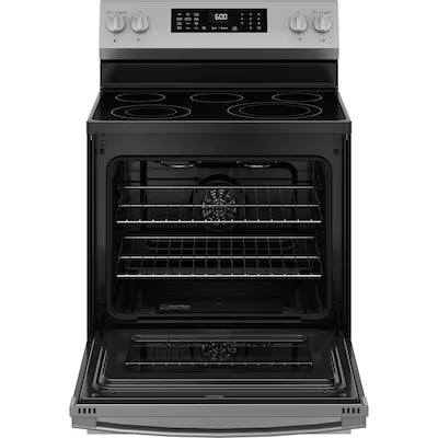 Coming Soon GE EasyWash Oven Tray 30-in Glass Top 5 burners 5.3-cu ft Air Fry Convection Oven Freestanding Electric Range ( Stainless Steel ) Model# GRF600AVSS