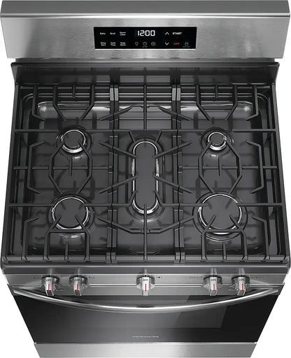 Frigidaire 30in 5 Burner Freestanding Gas Range in Stainless Steel with Quick Boil and Steam Clean Model# FCRG3062AS