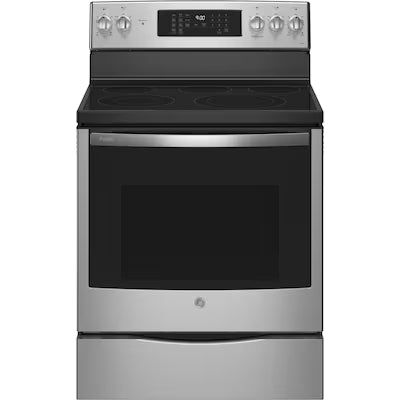 GE Profile 30-in Glass Top 5 burners 6.2-cu ft Air Fry Convection Oven Freestanding Electric Range ( Fingerprint Resistant Stainless Steel ) Model# PB900YVFS