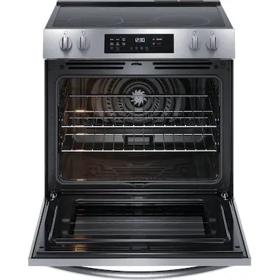 Frigidaire 30-in Glass Top 5 burners 5.3-cu ft Convection Oven Slide-In Electric Range ( Stainless steel ) Model# FCFE3083AS by Smiths Appliance & Furniture
