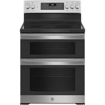 Coming Soon GE 30-in Glass Top 5 burners 4.4-cu ft / 2.2-cu ft Air Fry Convection Oven Freestanding Double Oven Electric Range ( Stainless Steel ) Model# JBS86SPSS