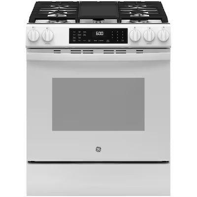 GE EasyWash Oven Tray 30-in 5 burners 5.3-cu ft Air Fry Convection Oven Slide-In Natural Gas Range ( White ) Model# GGS600AVWW