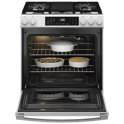 GE EasyWash Oven Tray 30-in 5 burners 5.3-cu ft Air Fry Convection Oven Slide-In Natural Gas Range ( White ) Model# GGS600AVWW