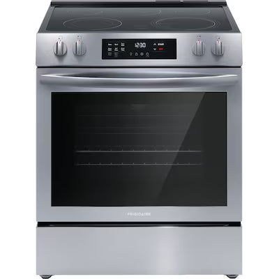Frigidaire 30-in Glass Top 5 burners 5.3-cu ft Convection Oven Slide-In Electric Range ( Stainless steel ) Model# FCFE3083AS by Smiths Appliance & Furniture