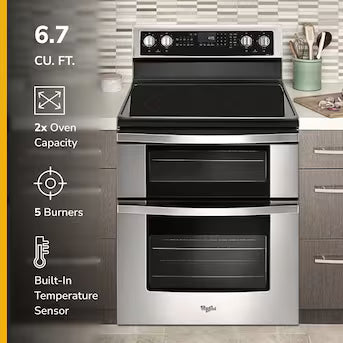 Whirlpool 30-in Glass Top 5 burners 4.2-cu ft / 2.5-cu ft Convection Oven Freestanding Double Oven Electric Range ( Stainless steel ) Model# WGE745C0FS A19-45 by Scratch-n-Dent Depot