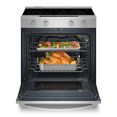Whirlpool 30-in Glass Top 5 burners 5.3-cu ft Air Fry Convection Oven Slide-In Electric Range with WipeClean Coating ( Fingerprint Resistant Stainless Steel ) Model# WSES7530RZ