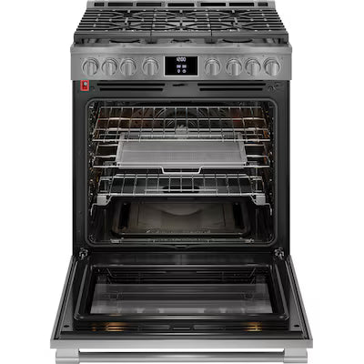 Frigidaire Professional 30-in 6 burners 6-cu ft Air Fry Convection Oven Slide-In Natural Gas Range ( Smudge-Proof Stainless Steel ) Model# PCFG3080AF