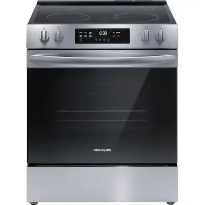 Frigidaire 30-in Glass Top 5 burners 5.3-cu ft Slide-In Electric Range ( Stainless steel ) Model# FCFE3062AS by Smiths Appliance & Furniture
