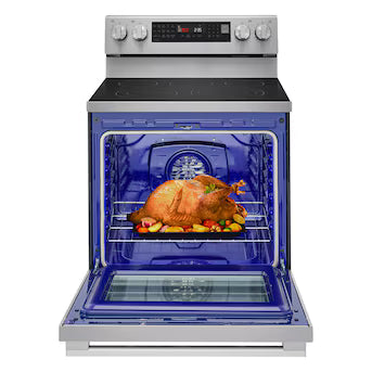 LG 30-in Glass Top 5 burners 6.3-cu ft Air Fry Convection Oven Freestanding Electric Range ( PrintProof Stainless Steel ) Model# LREN6325XE A19-37 by Scratch-n-Dent Depot