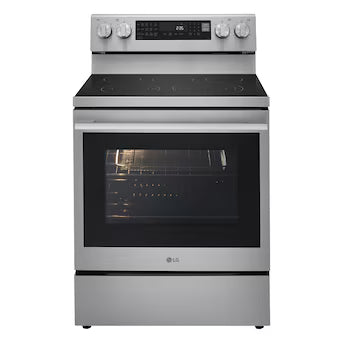 LG 30-in Glass Top 5 burners 6.3-cu ft Air Fry Convection Oven Freestanding Electric Range ( PrintProof Stainless Steel ) Model# LREN6325XE A19-37 by Scratch-n-Dent Depot