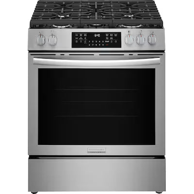 Frigidaire Gallery 30-in 5 burners 5.1-cu ft Air Fry Convection Oven Freestanding Natural Gas Range ( Stainless Steel ) Model# GCFG3059BF