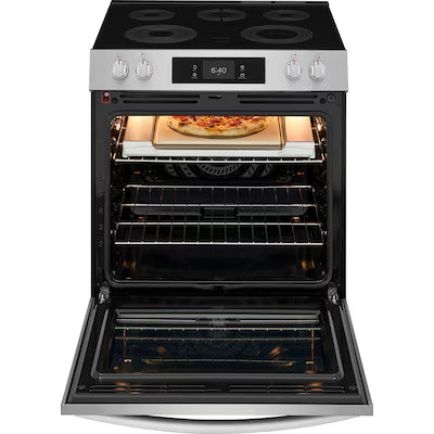 Frigidaire Gallery Stone-Baked Pizza 30-in Glass Top 5 burners 6.2-cu ft Air Fry Convection Oven Slide-In Electric Range ( Smudge-Proof Stainless Steel ) Model# GCFE3070BF by Scratch N Dent Depot