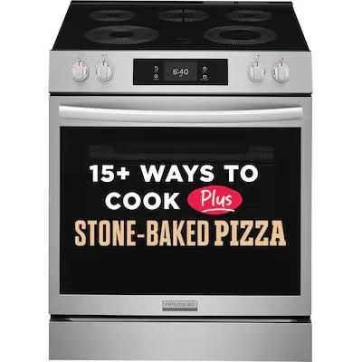 Frigidaire Gallery Stone-Baked Pizza 30-in Glass Top 5 burners 6.2-cu ft Air Fry Convection Oven Slide-In Electric Range ( Smudge-Proof Stainless Steel ) Model# GCFE3070BF by Smiths Appliance & Furniture