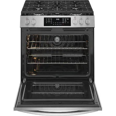 Frigidaire Gallery 30-in 5 burners 5.1-cu ft Air Fry Convection Oven Freestanding Natural Gas Range ( Stainless Steel ) Model# GCFG3059BF A11-47 by Scratch-n-Dent Depot
