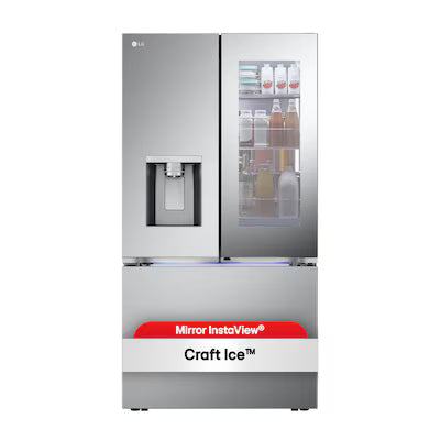 LG Counter-Depth MAX Mirror InstaView 4 Types of Ice 25.5-cu ft 3 -Door 36-in Wide Smart Compatible French Door Refrigerator with Dual Ice Maker with Water and Ice Dispenser and Door within Door ( PrintProof Stainless Steel ) Model# LRYKC2606S