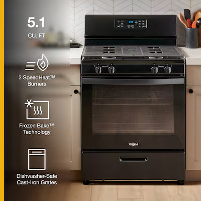 Whirlpool 30-in 4 burners 5.1-cu ft Freestanding Natural Gas Range ( Black ) Model# WFG320M0MB by Scratch N Dent Depot